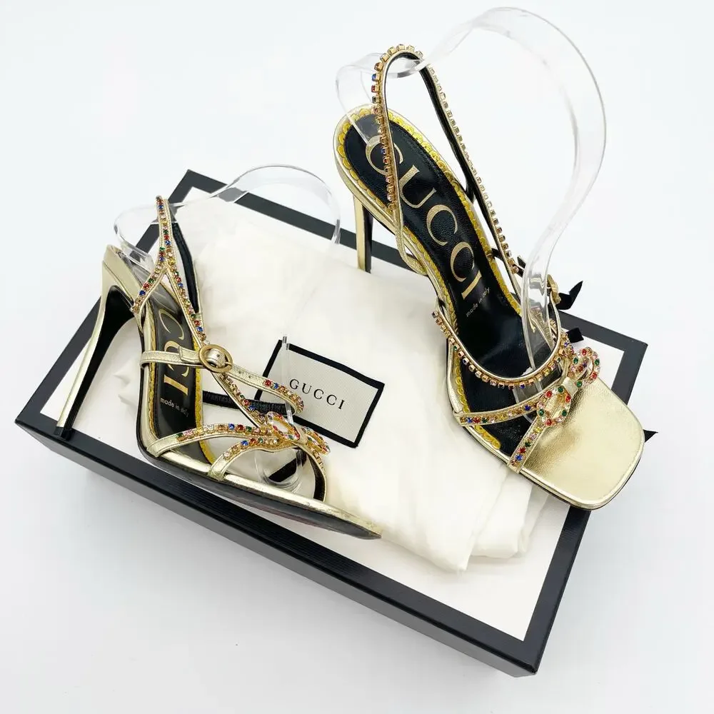 Gucci Carmen Crystal Embellished Gold Leather Bow High Heel Sandals EU 38.5 - Picture 2 of 13